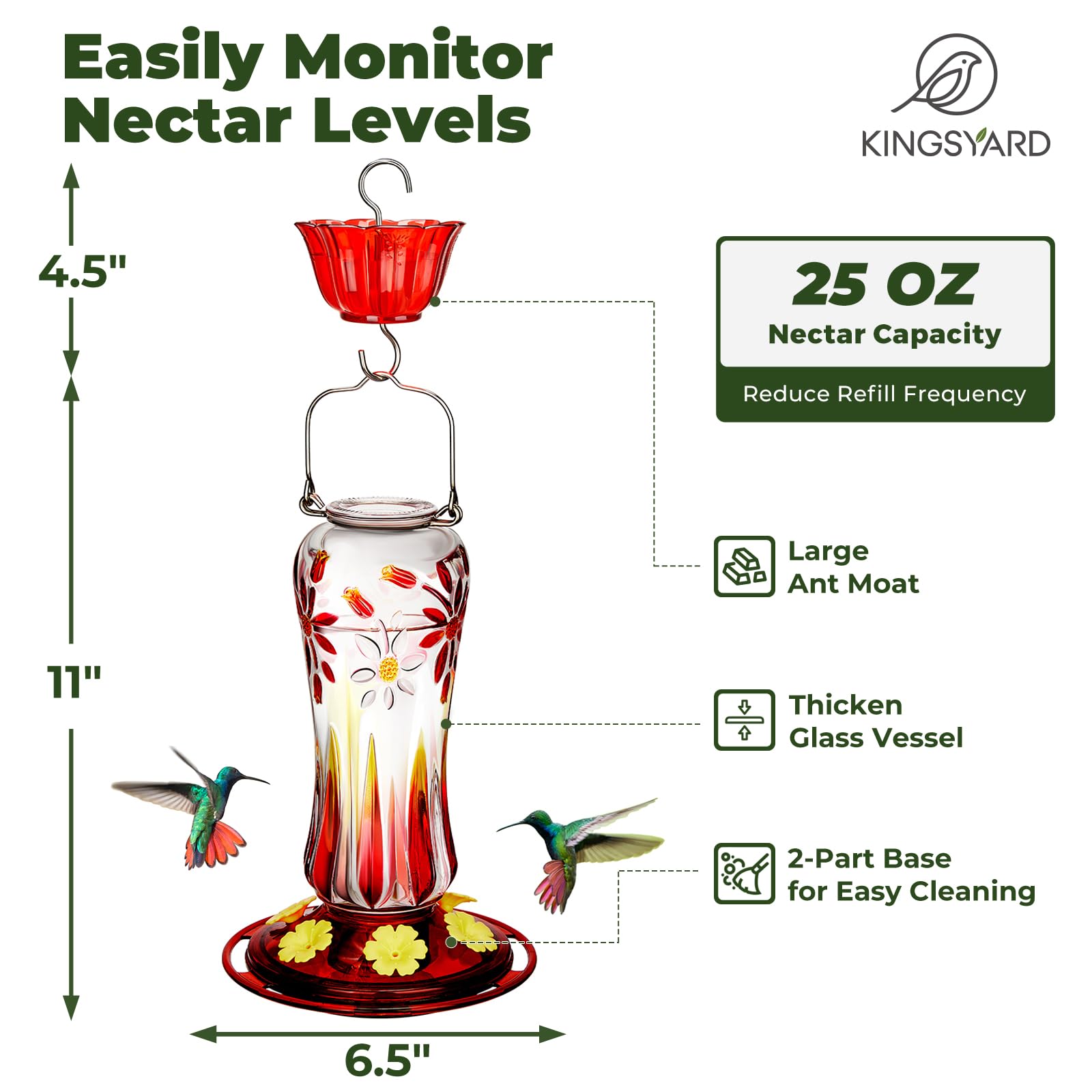Kingsyard glass hummingbird feeder red top view, large nectar capacity visible