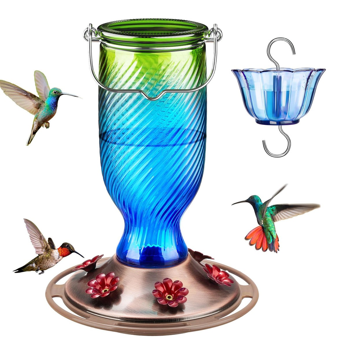 Kingsyard glass hummingbird feeder with six-port navy blue design attracts multiple hummingbirds