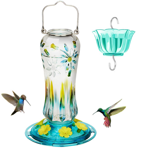 Kingsyard glass hummingbird feeder turquoise with clear nectar reservoir for easy refills
