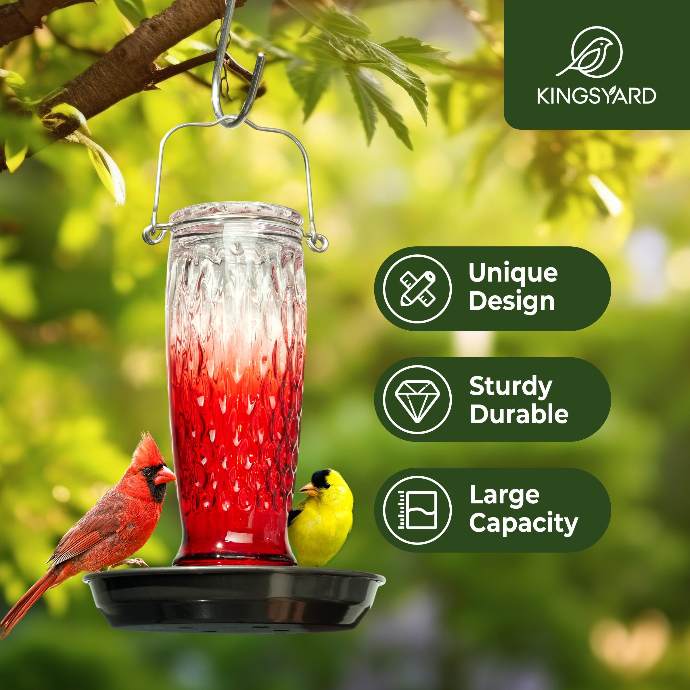 Kingsyard glass water dispenser shown on a hanging tray for easy outdoor access.