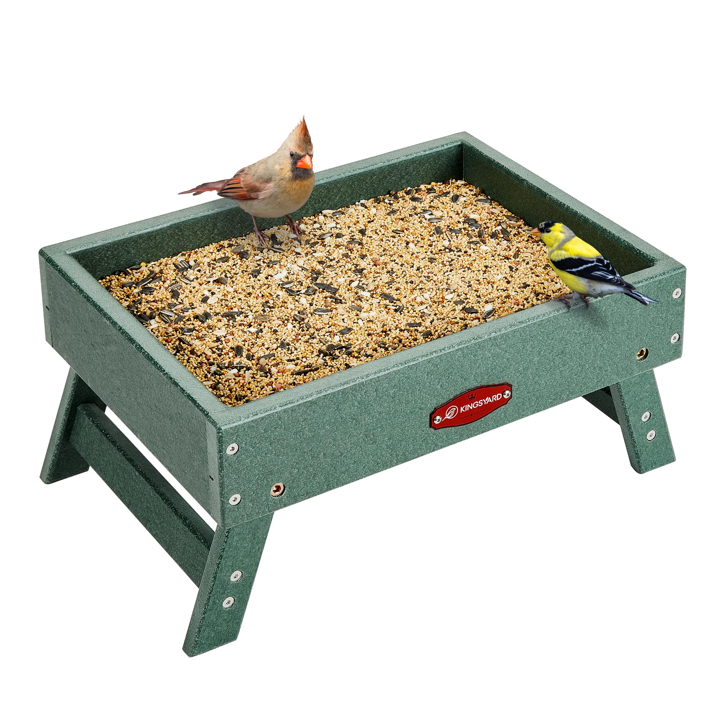 Kingsyard ground bird feeder outdoors attracts doves and cardinals.