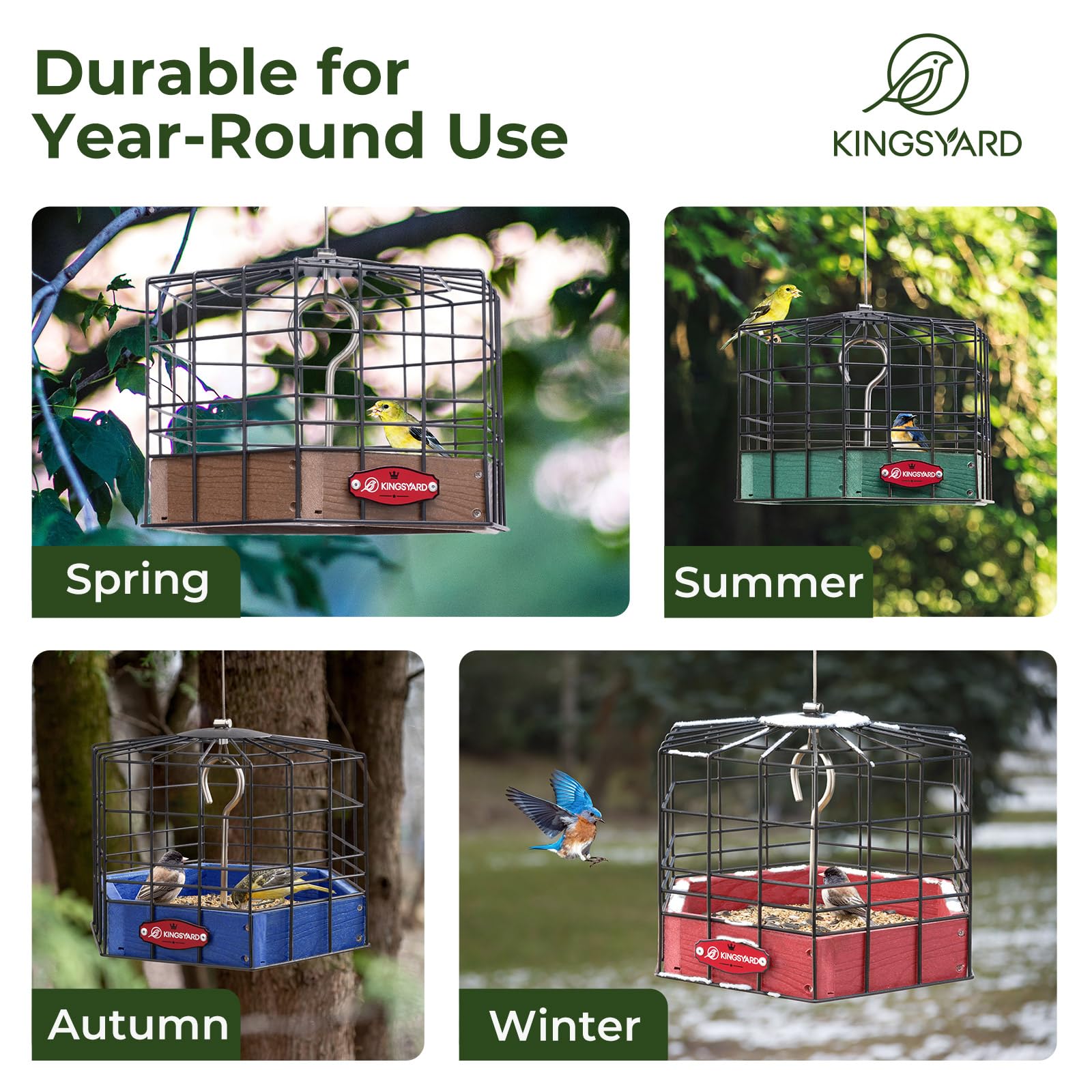Kingsyard green feeder hangs outdoors for easy birdwatching.