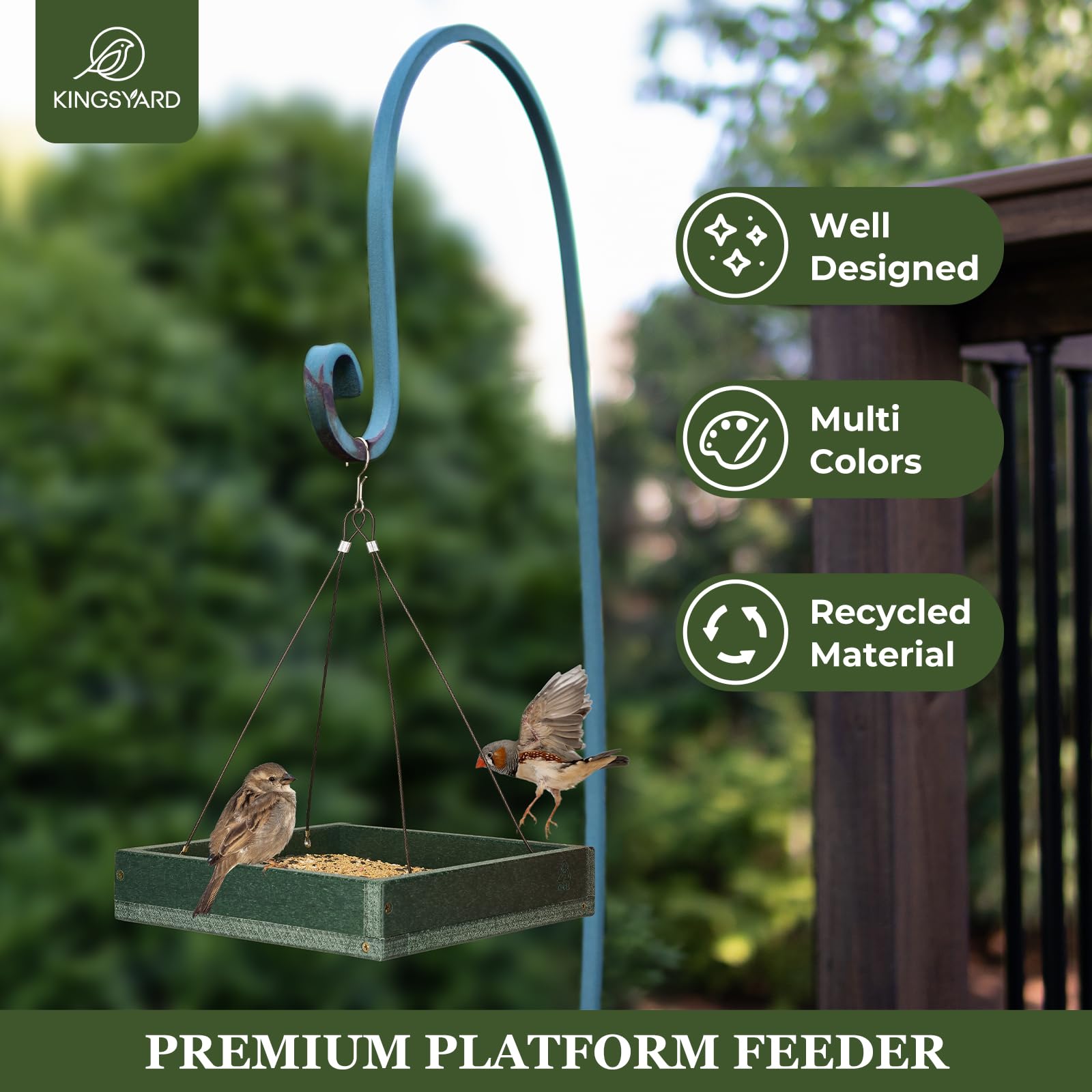 Kingsyard heavy-duty hanging tray ready for seeds and mealworms in a yard