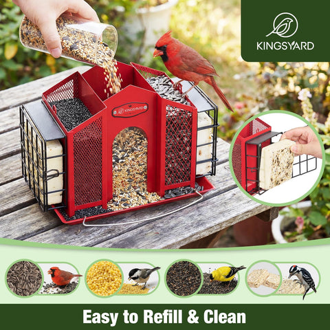 House-shaped feeder with viewing window helps monitor seed levels and bird activity.