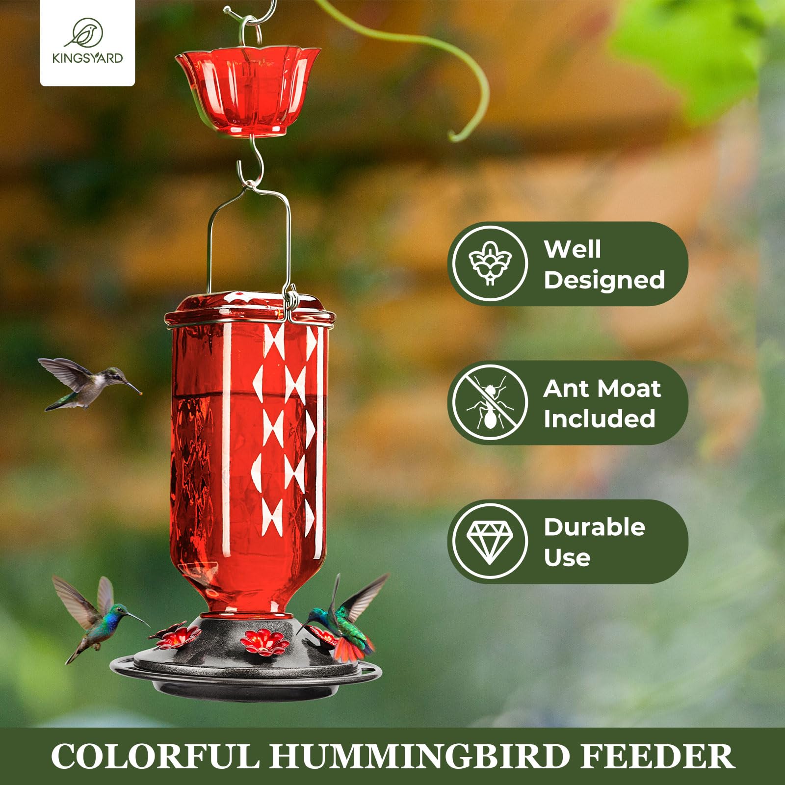 Kingsyard hummingbird feeder with six ports, red glass design