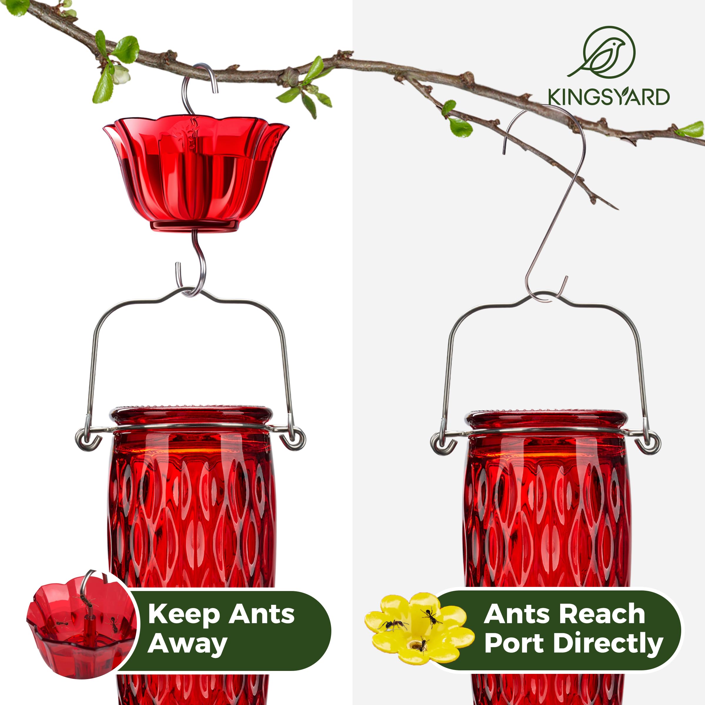 Kingsyard Hummingbird Feeder with six bee-guard ports protects nectar from bees.