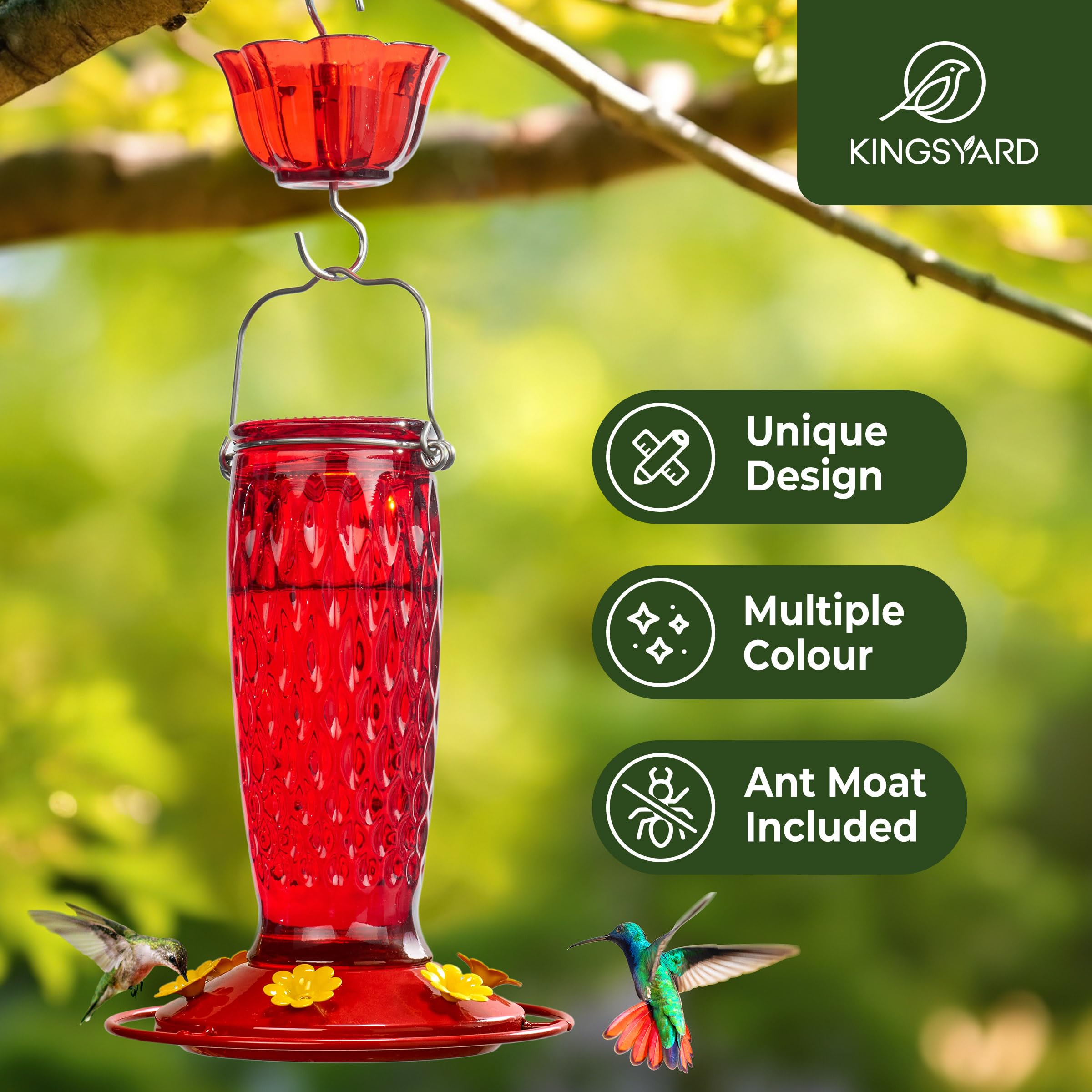 Kingsyard Hummingbird Feeder with gradient colors adds garden charm while attracting birds.