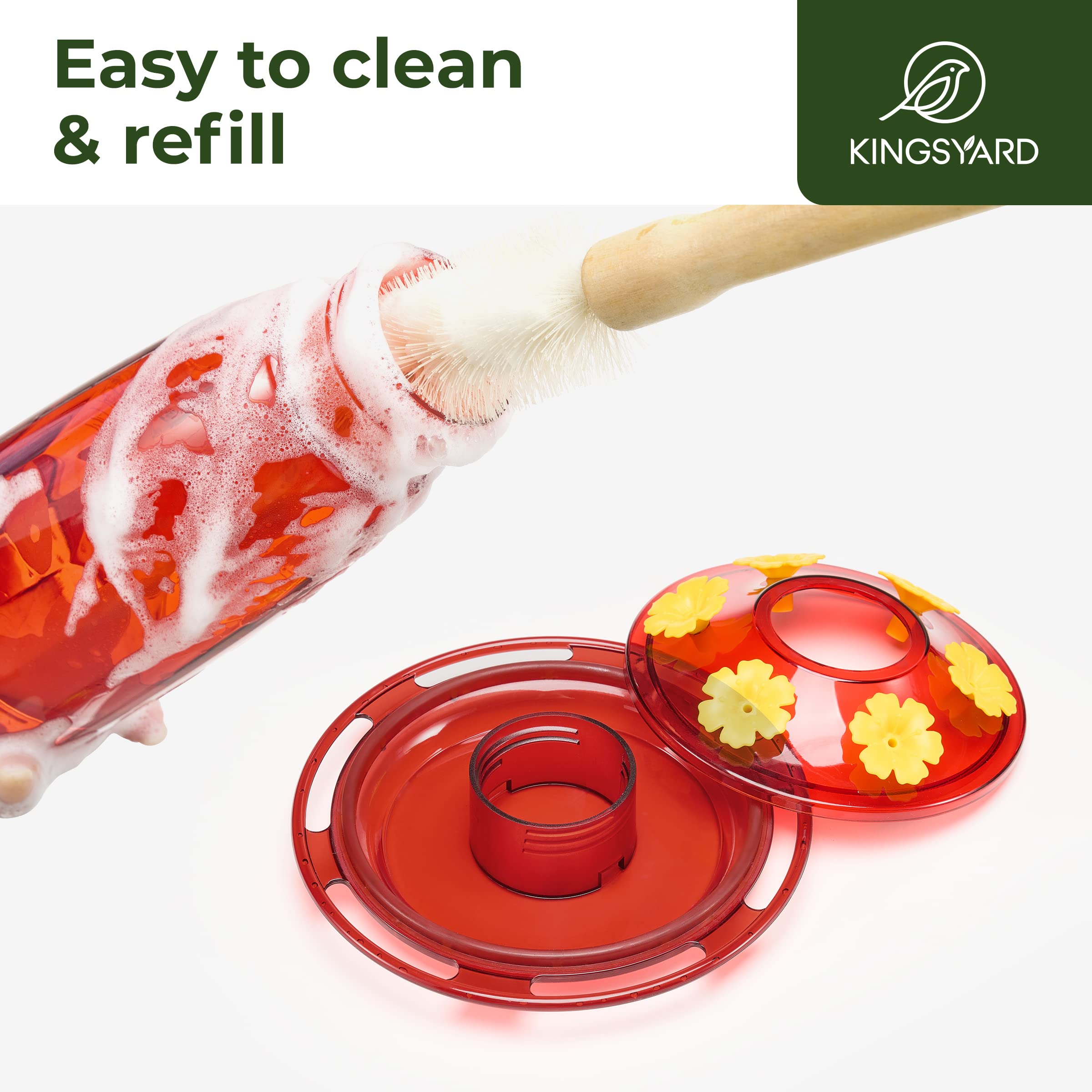 Wide-mouth bottle on Kingsyard feeder simplifies cleaning and refilling outdoors.