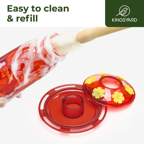 Wide-mouth bottle on Kingsyard feeder simplifies cleaning and refilling outdoors.