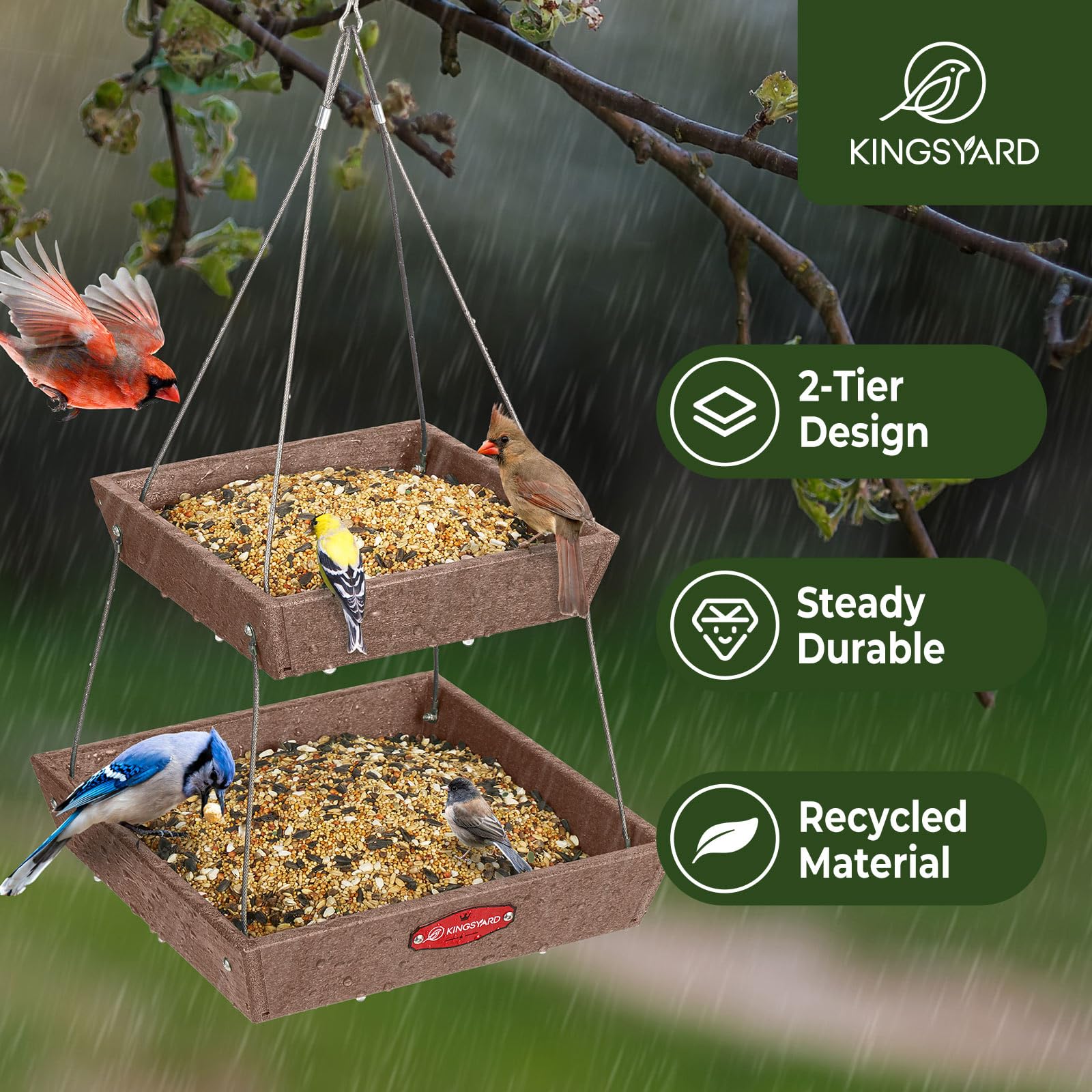 Kingsyard large dual-tray feeder in brown attracting cardinals and finches.