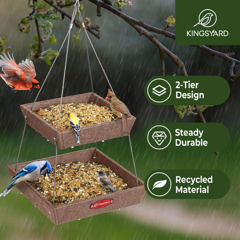 Kingsyard large dual-tray feeder in brown attracting cardinals and finches.