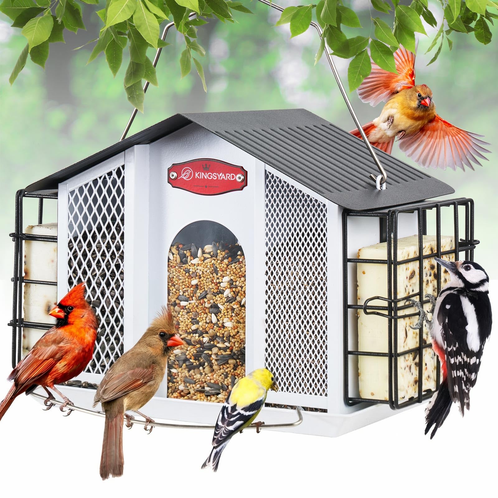 Kingsyard large metal bird feeder with weatherproof roof for all-season use.