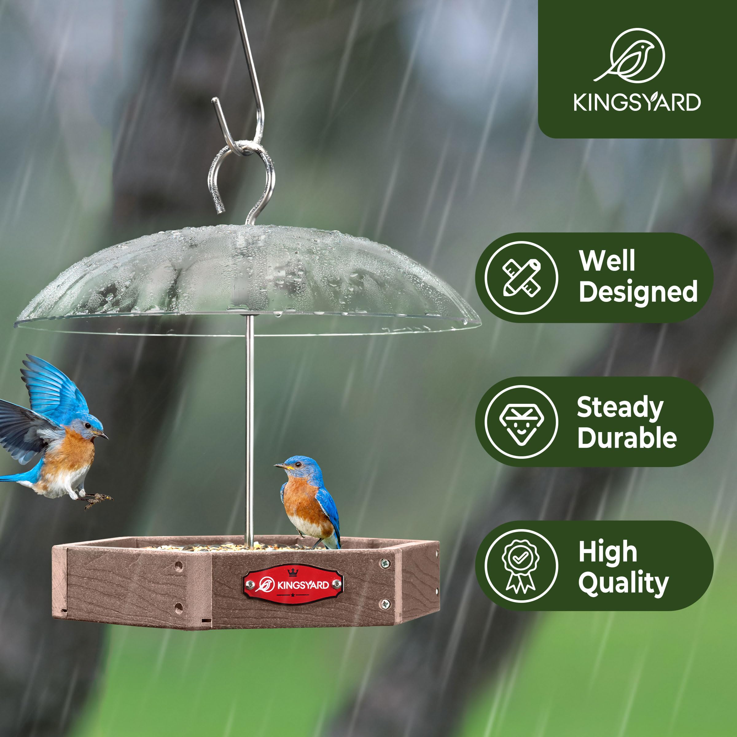 Kingsyard feeder with rotating squirrel guard dome deters pests
