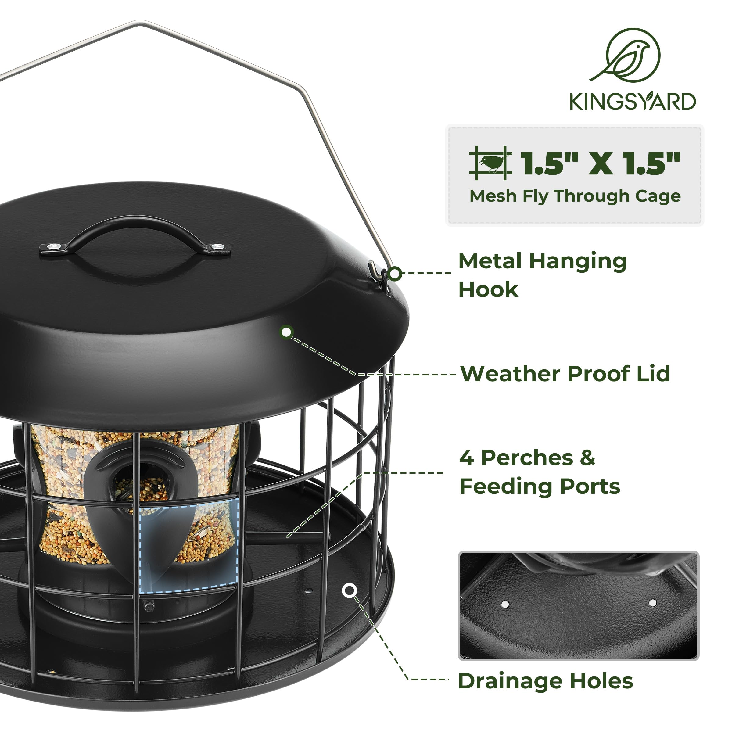 Kingsyard mesh caged bird feeder with rain-proof roof keeps seeds dry