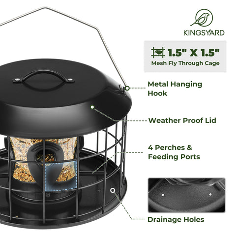 Kingsyard mesh caged bird feeder with rain-proof roof keeps seeds dry