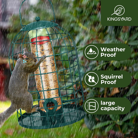 Kingsyard feeder holds up to 1.2 pounds of seed for longer use.