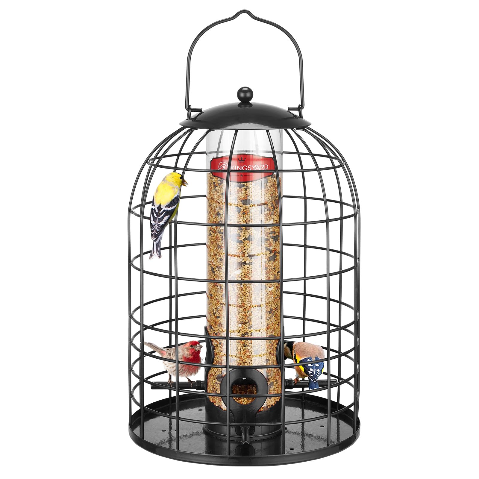 Kingsyard metal bird feeder with anti-squirrel cage protecting seed for small birds