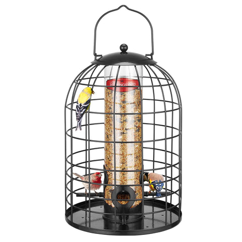 Kingsyard metal bird feeder with anti-squirrel cage protecting seed for small birds