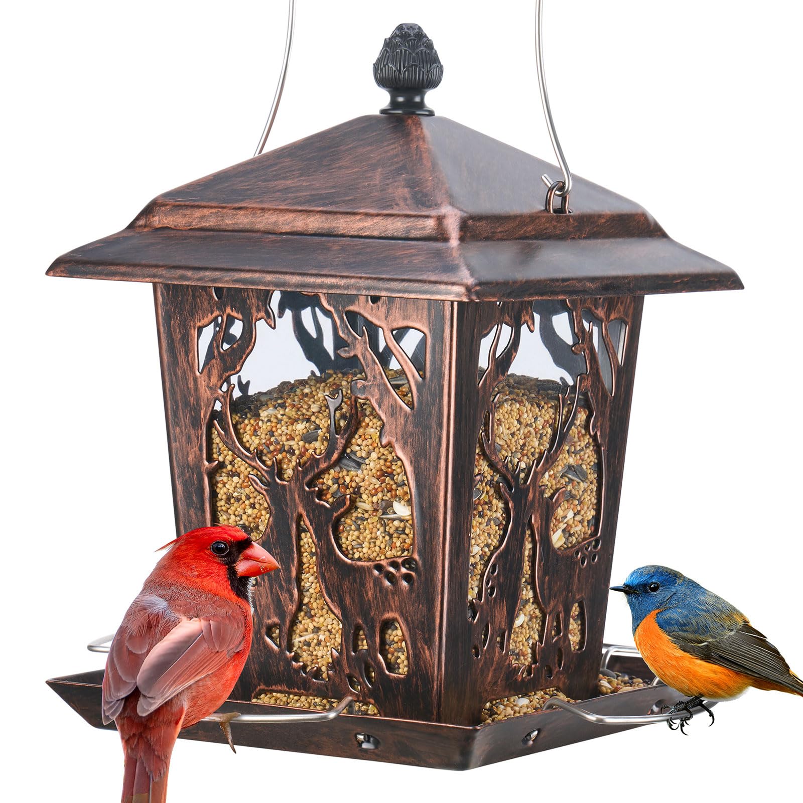 Kingsyard metal bird feeder with deer pattern on each side, durable and weather resistant.