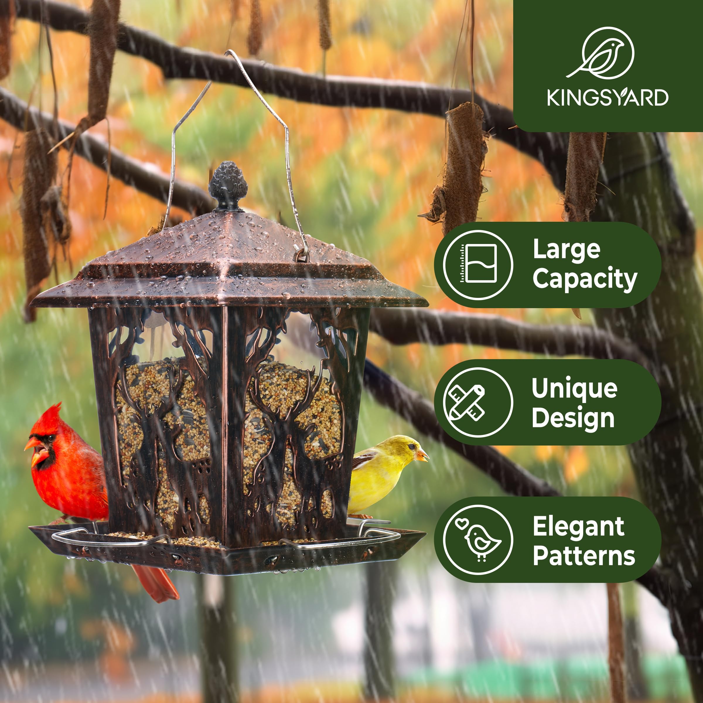 Kingsyard four-perch feeder design allows multiple birds to dine together.