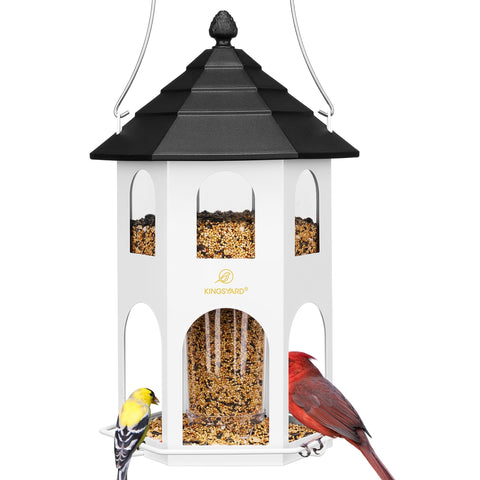 Kingsyard metal bird feeder outdoors with hanging design attracts diverse songbirds and reduces feeding waste.
