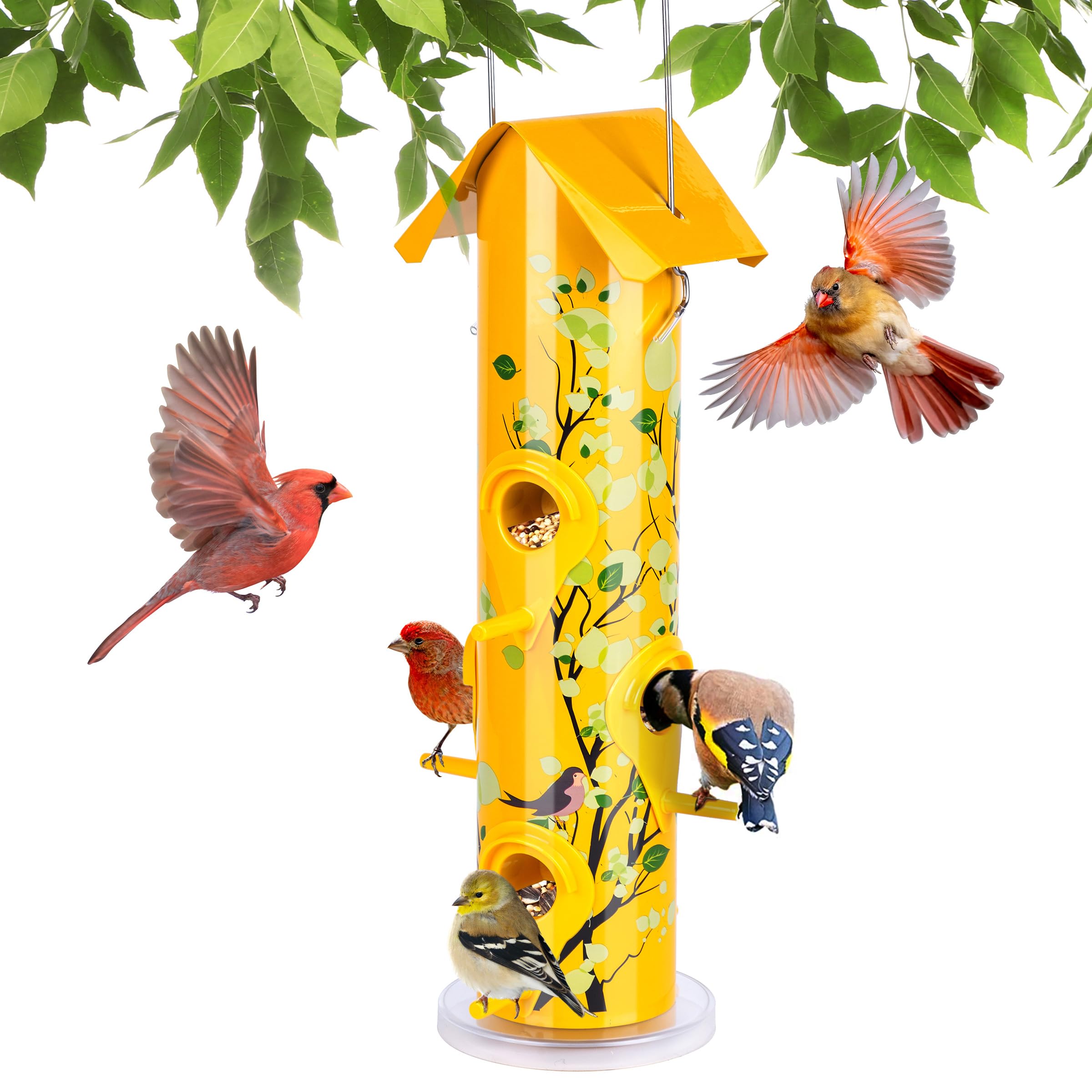 Kingsyard metal bird feeder outdoors six ports; bright yellow attracts diverse backyard birds