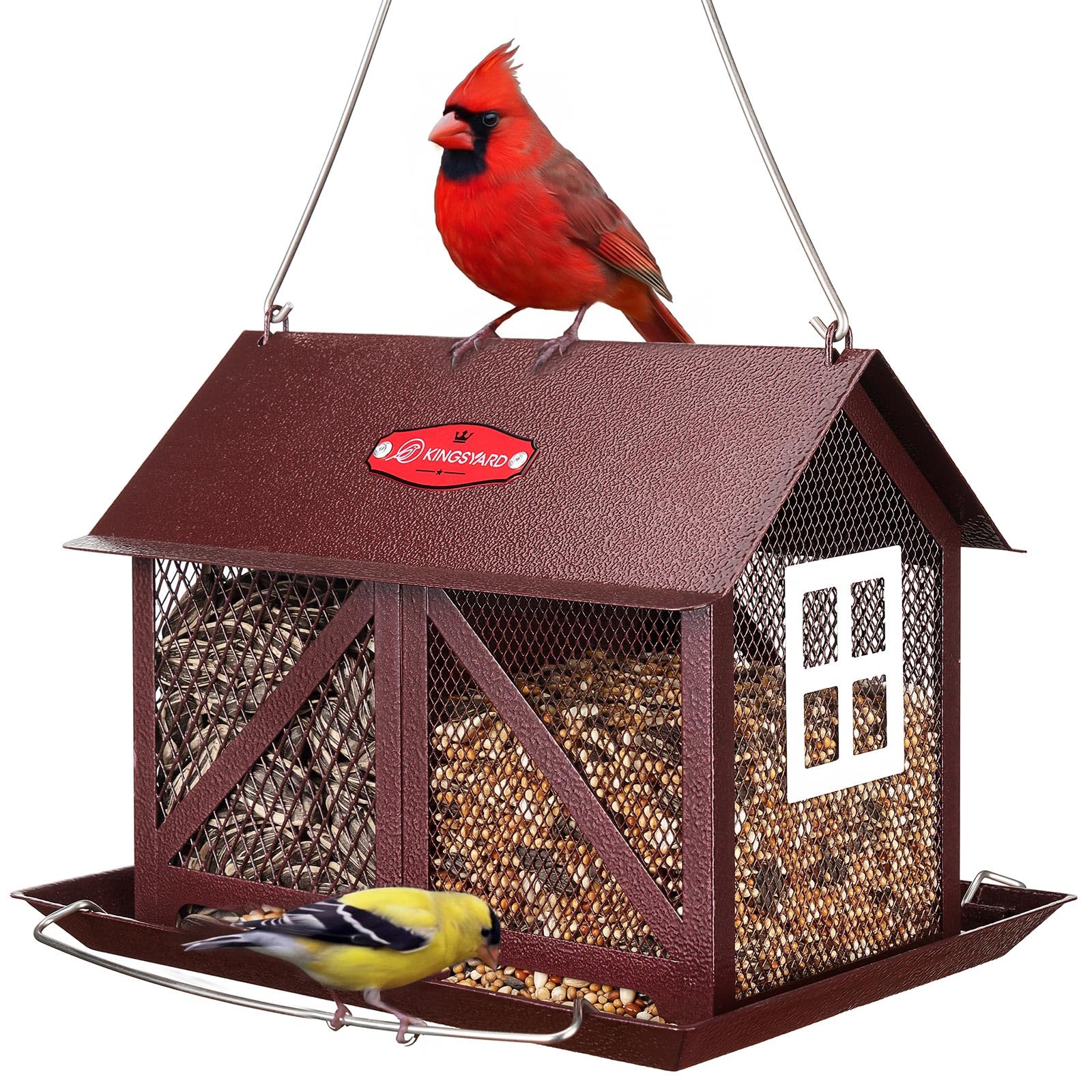 Kingsyard metal bird feeder outdoors hanging shows durable outdoor design for year-round use.