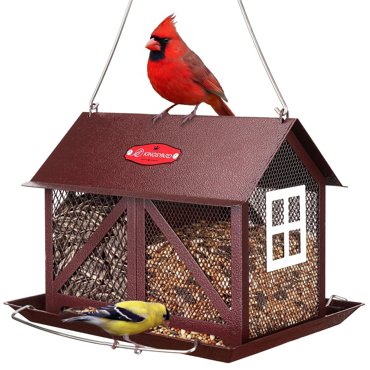 Kingsyard metal bird feeder outdoors hanging shows durable outdoor design for year-round use.
