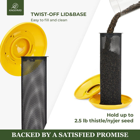 Kingsyard metal mesh tube feeder designed for nyjer seeds with a durable yellow finish.