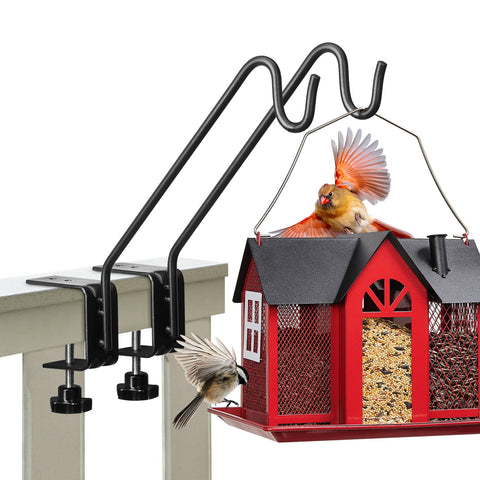 Kingsyard Middium deck hook attached to a rail holding a bird feeder securely.
