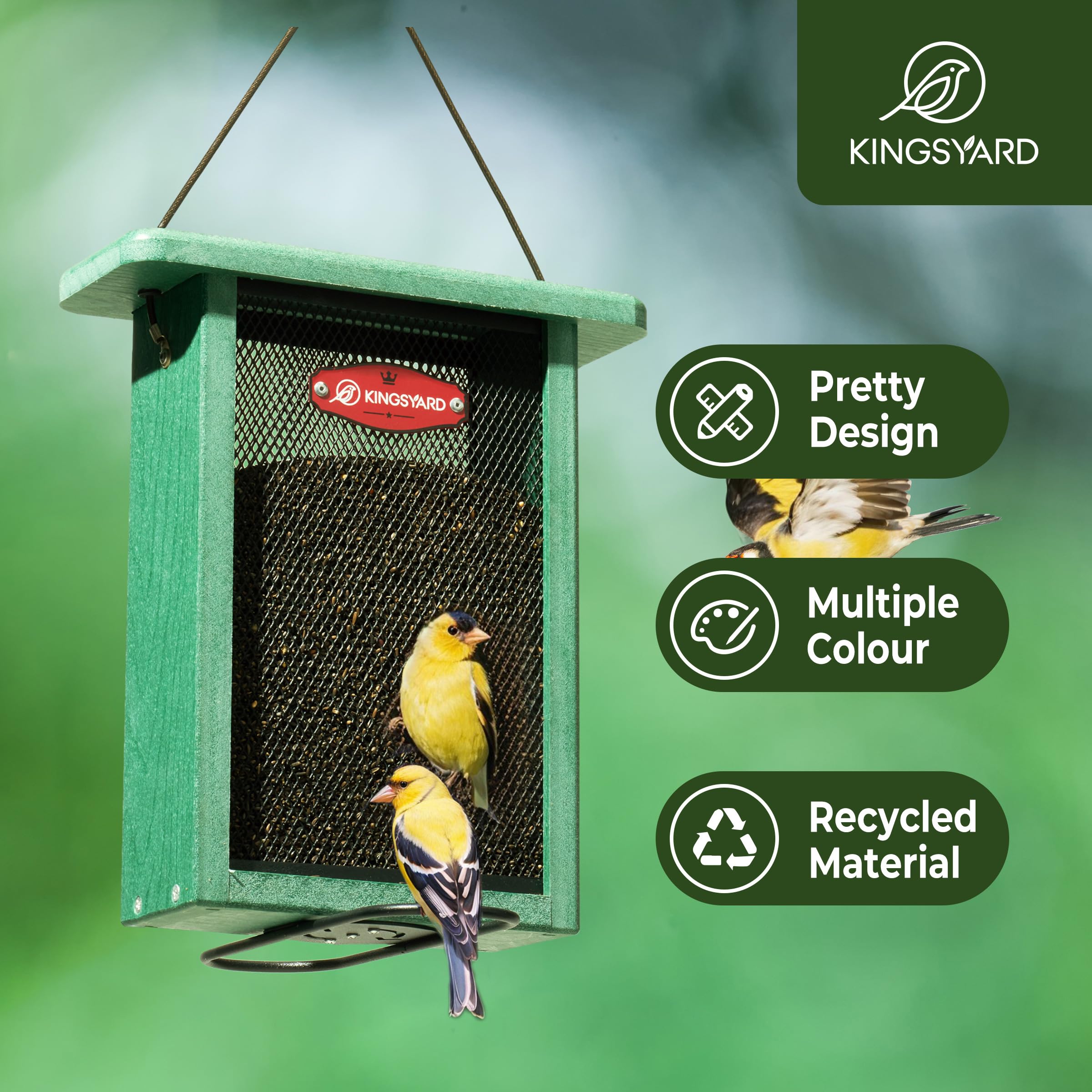 Kingsyard Nyjer thistle seed chamber attracts finches through small openings