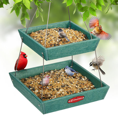 Kingsyard large platform bird feeder with dual trays attracts cardinals and blue jays.