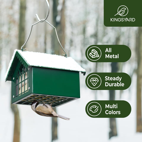 Upside-down feeding design suits clinging birds like woodpeckers.