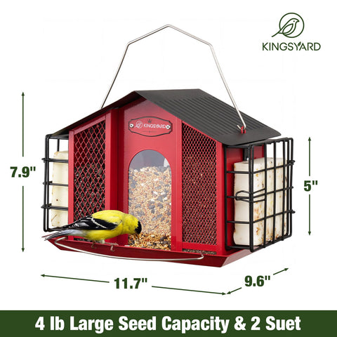 Durable outdoor metal feeder with weatherproof roof preserves seed and keeps birds feeding in rain.