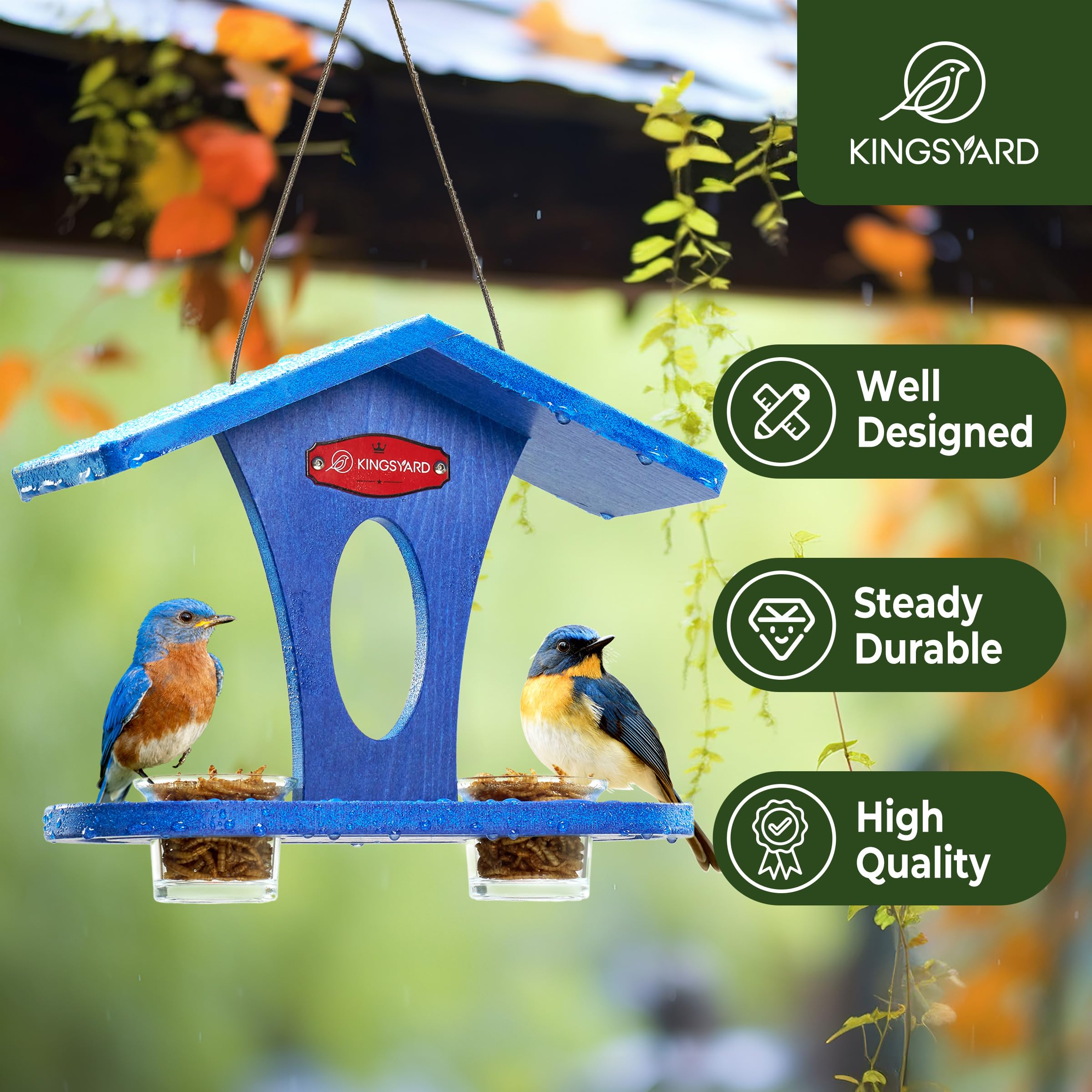 Kingsyard outdoor hanging feeder shown with cable hanger for easy setup.