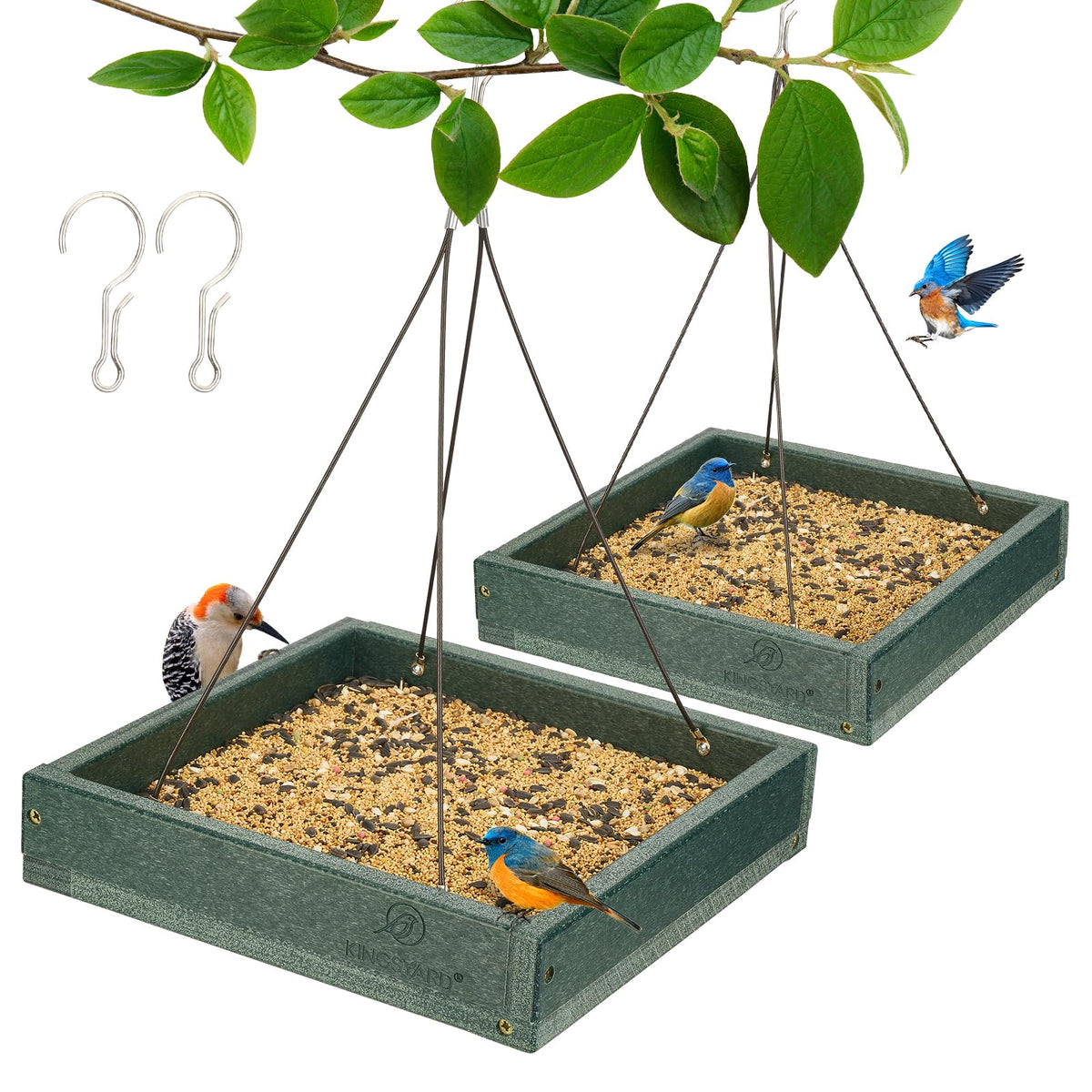 Kingsyard platform bird feeder tray shows durable construction for year-round outdoor use.