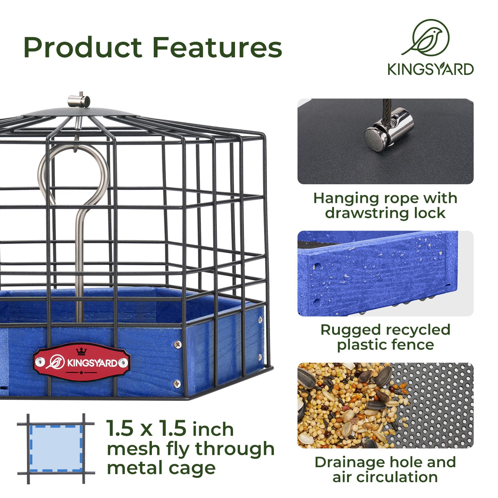 Kingsyard recycled plastic platform with metal mesh tray keeps seed dry and fresh.