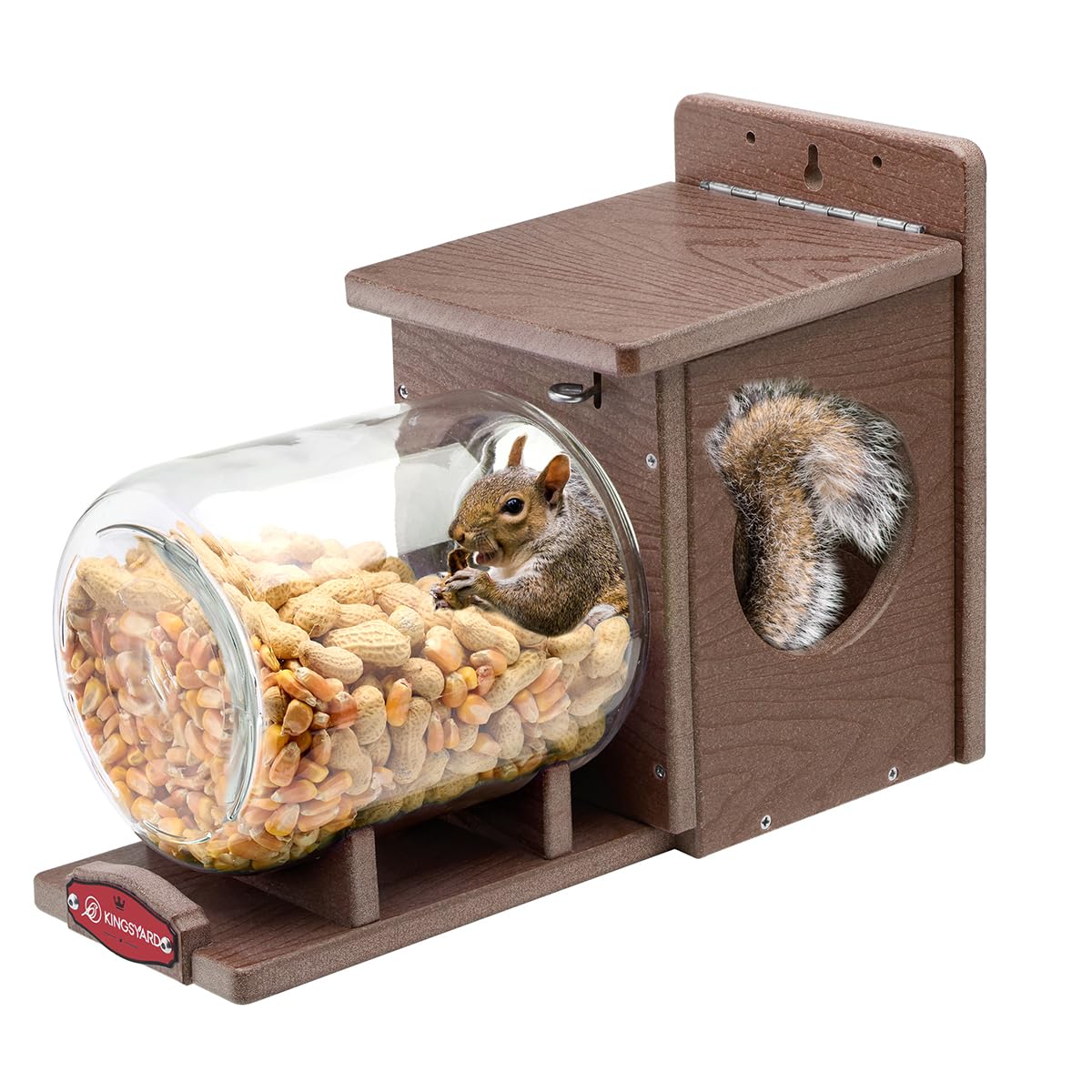 Kingsyard recycled plastic squirrel feeder mounted outside on a tree for year-round wildlife visits.