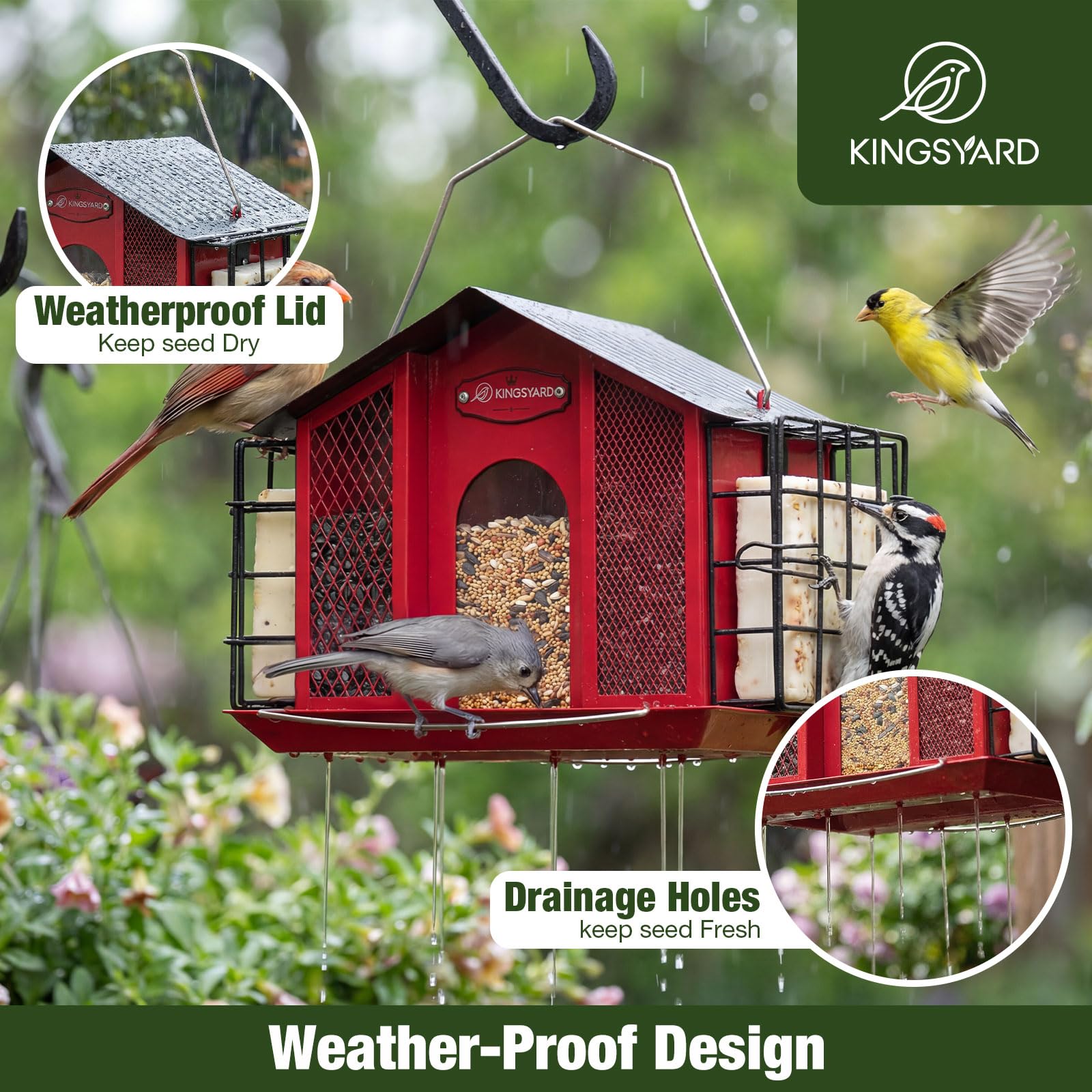 Removable side suet cages for easy loading and quick cleaning after messy meals.