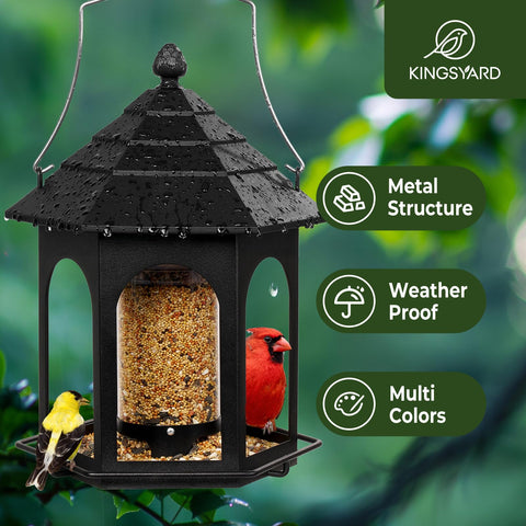 Kingsyard 3 lb seed feeder showing clear seed level for easy refills
