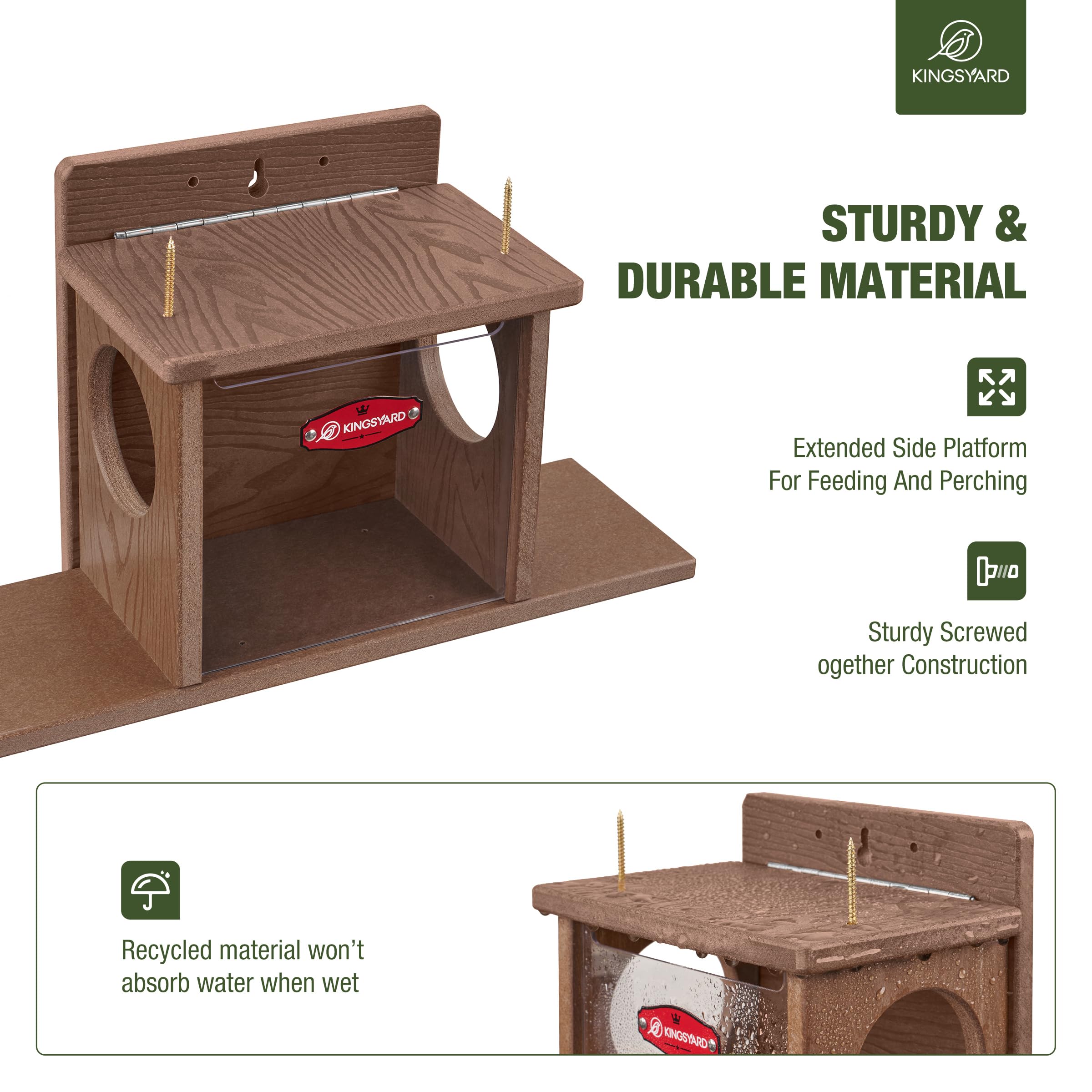 Kingsyard Squirrel Feeder Box extended side platform supports squirrels during meals.