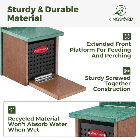 Green Kingsyard Squirrel Feeder Box with weather-proof roof protecting treats