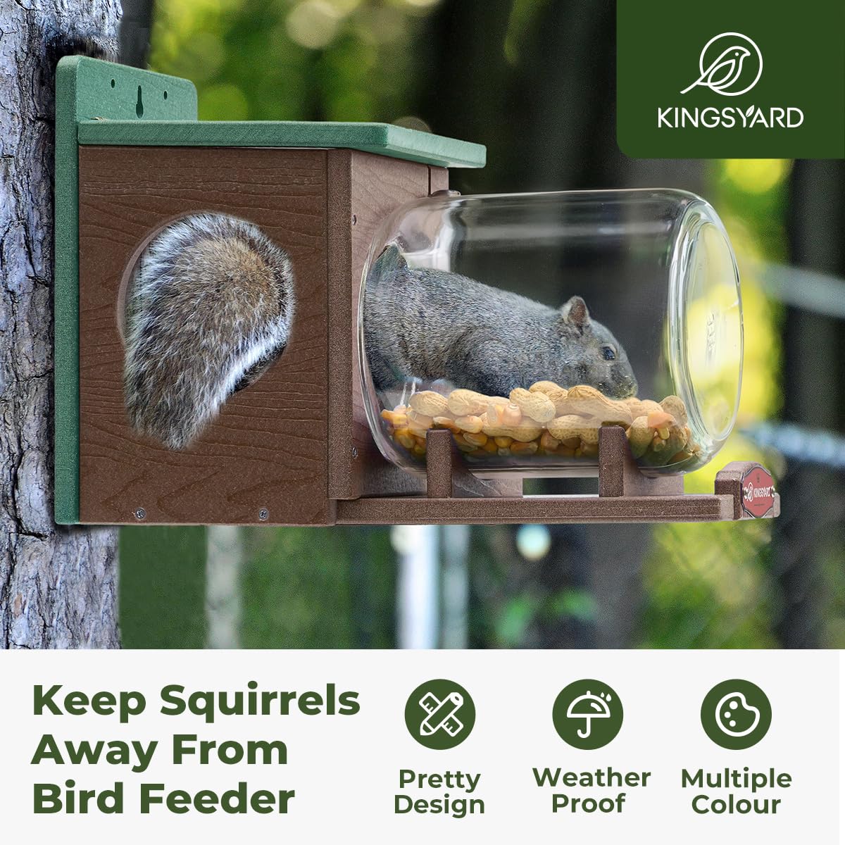 Closeup of the Kingsyard squirrel feeder jar and secure lid for easy refills.
