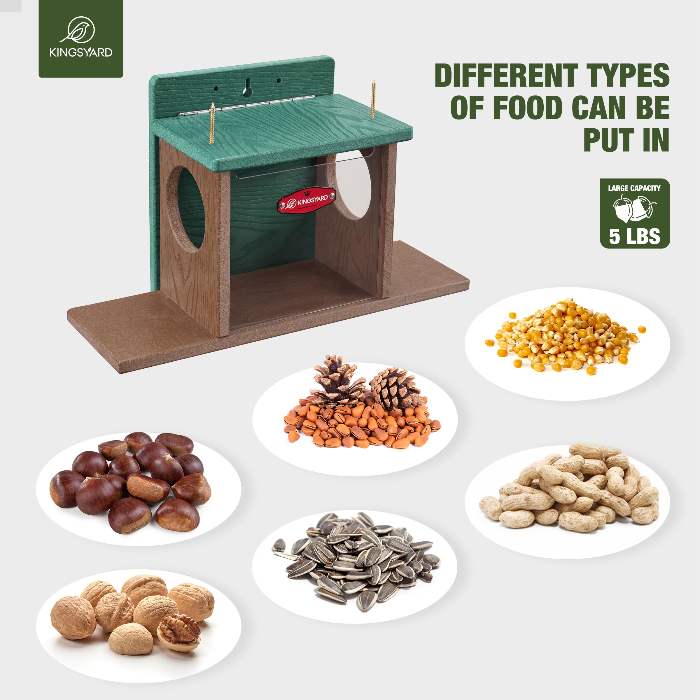 Kingsyard Squirrel Feeder with lid protecting interior from rain.