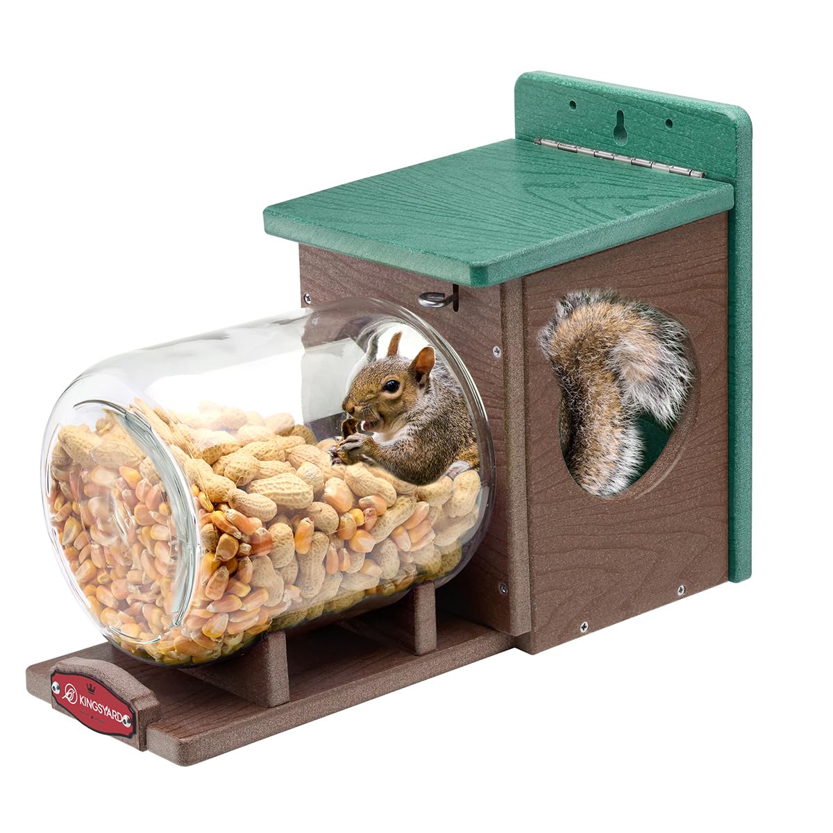 Kingsyard squirrel feeder outdoors shows its sturdy exterior and weatherproof build for year‑round use.