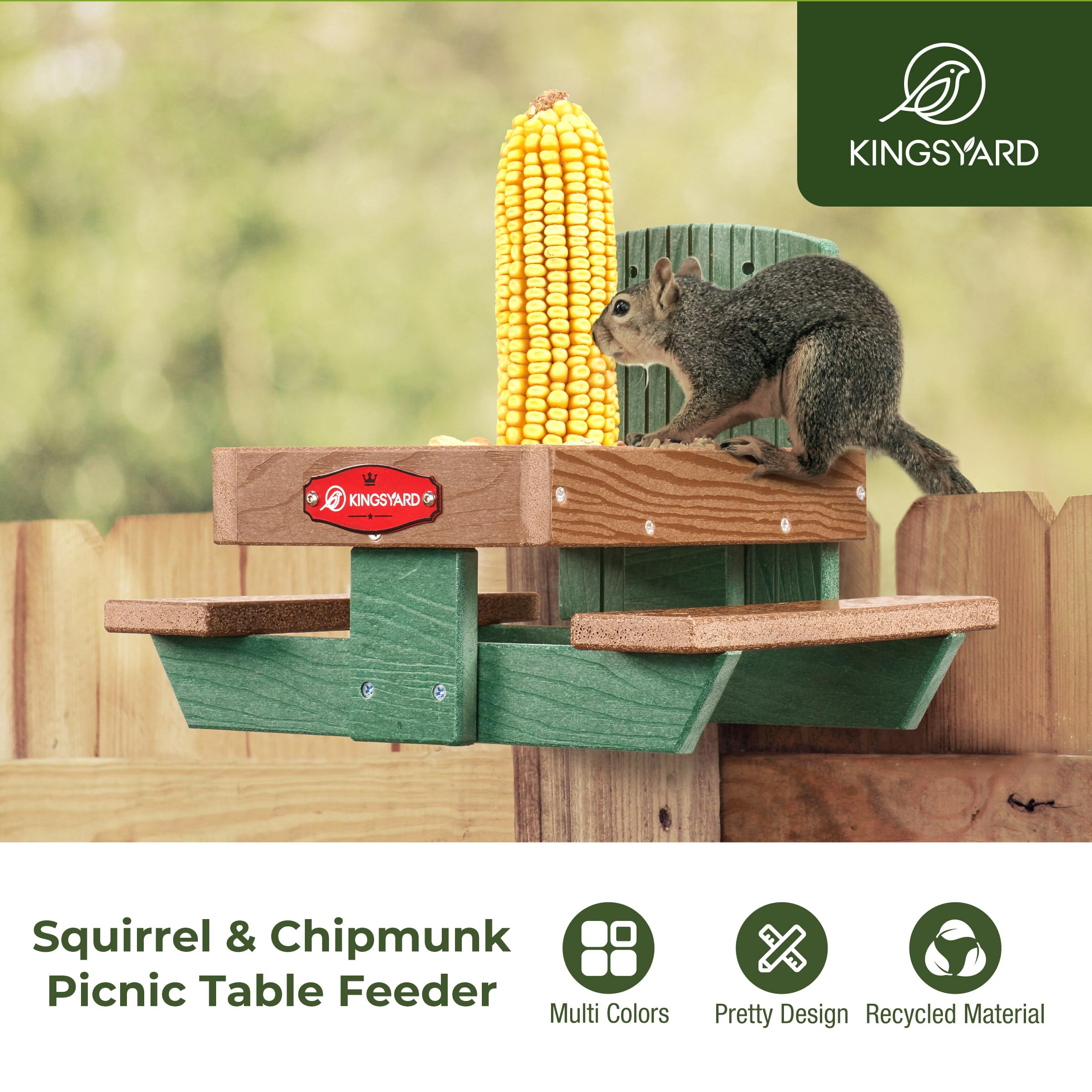 Kingsyard Squirrel Feeder Table side view shows two benches for concurrent feeding.