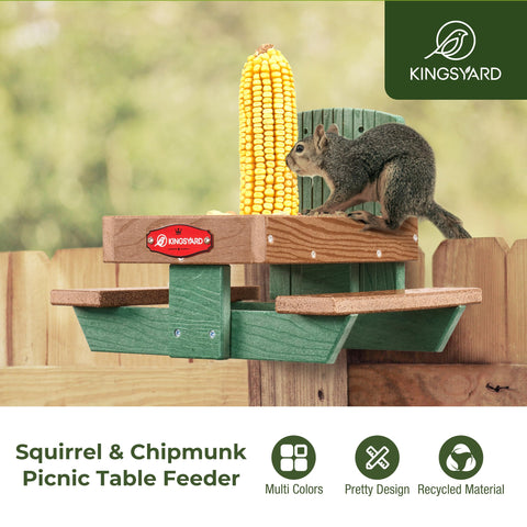 Kingsyard Squirrel Feeder Table side view shows two benches for concurrent feeding.