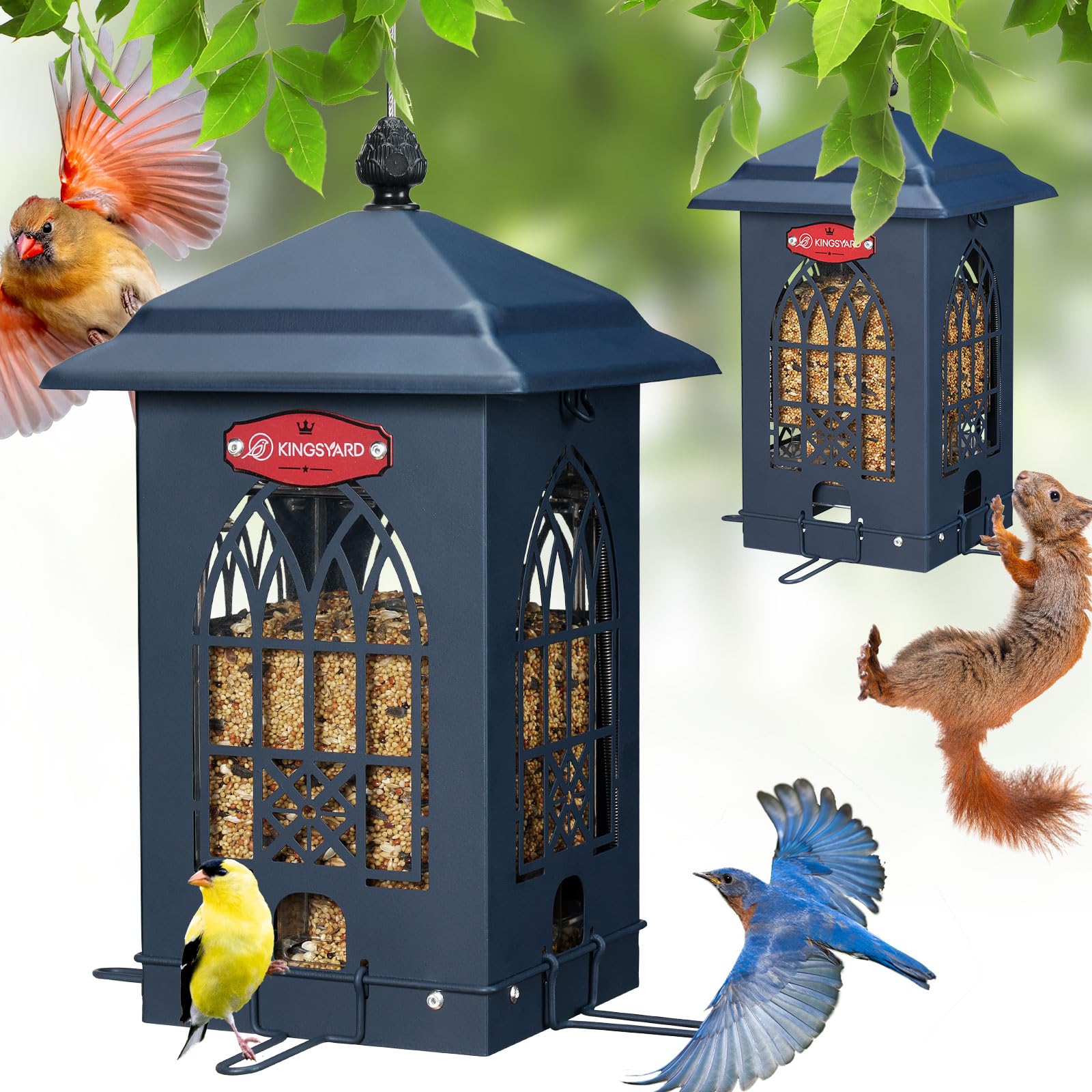 Kingsyard Squirrel-Proof Bird Feeder with weight-activated perches reduces squirrel access.