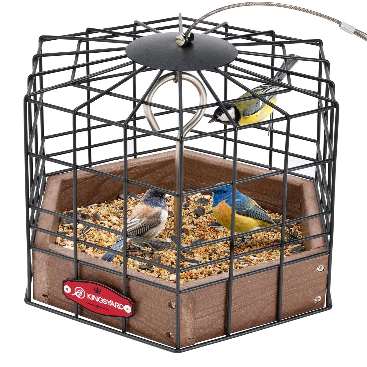 Kingsyard Squirrel-Proof Platform Feeder cover shields small birds from squirrels.