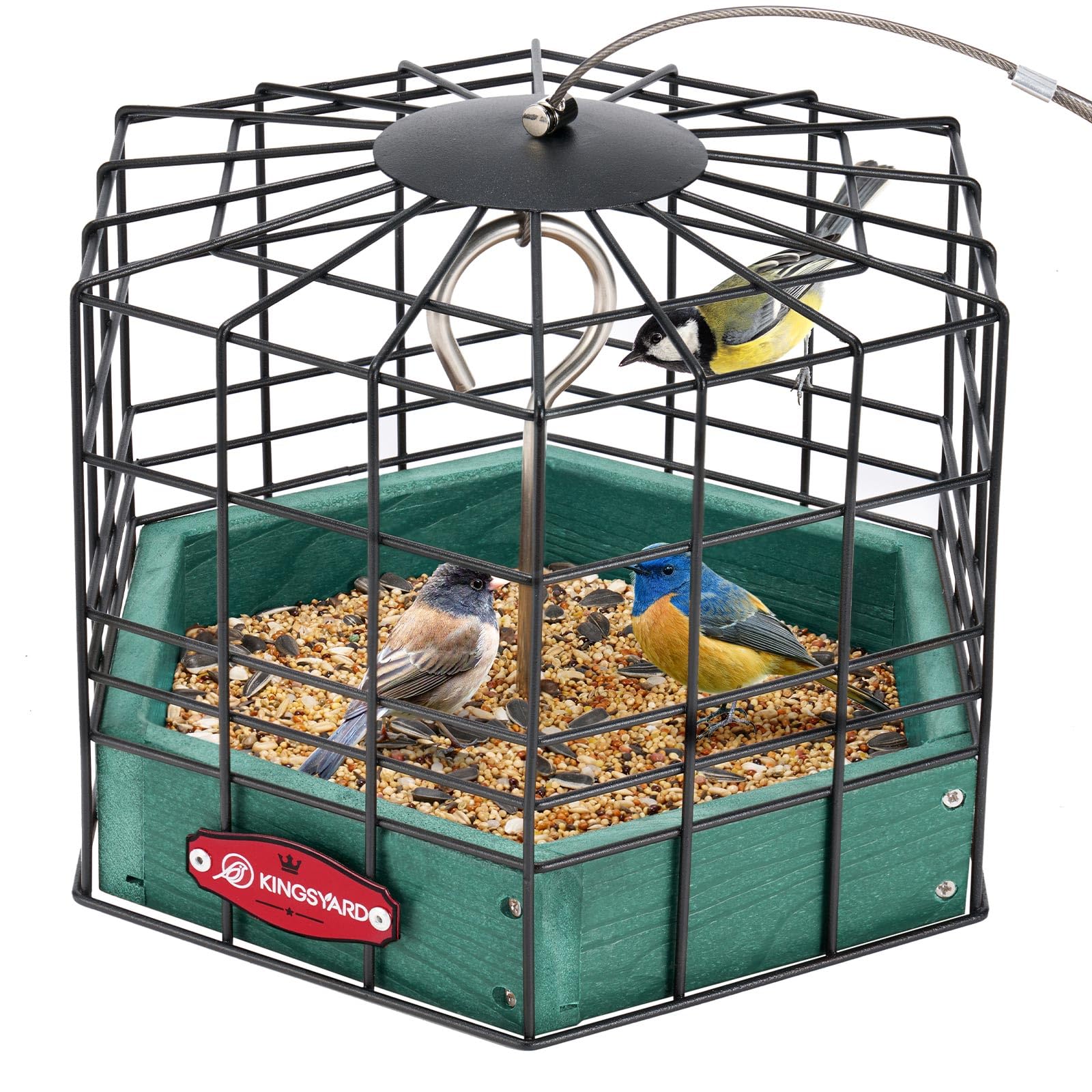 Kingsyard squirrel-proof platform feeder with metal mesh cover for small wild birds.